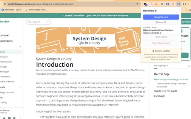 The cleanview.ai popup: Select Element, Restore All, Save Layout